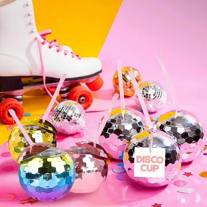 Disco Ball Cups, 20OZ Disco Party Cups with Lid and Reusable Straw Flash Ball Cocktail Cup for Party Nightclub Bar Supplies Wine Drinking Syrup Tea Bottle (12, Rainbow)
