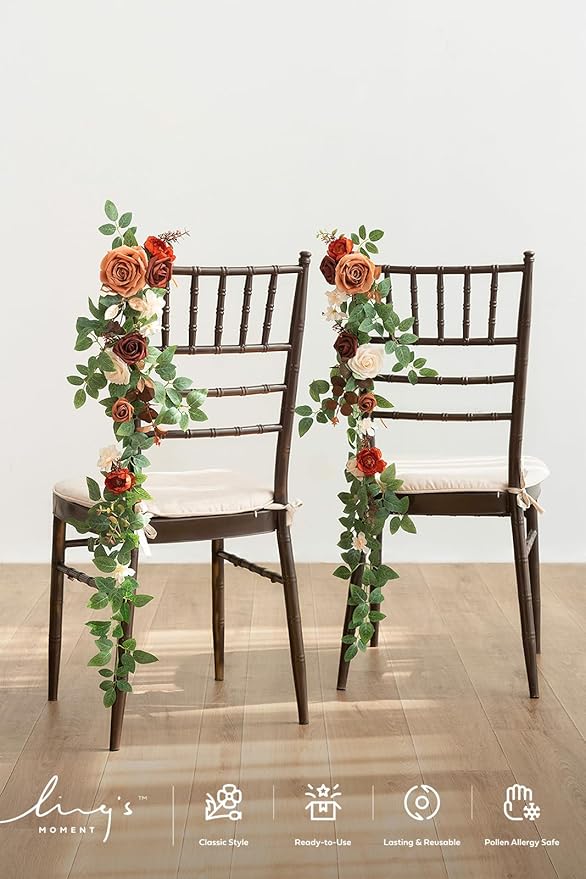 Ling's Moment Fall Wedding 10pcs Chair Decorations Aisle Floral Swag Artificial Pew Flowers Hanging Garlands Orange Terracotta for Ceremony Reception Church Rose Floral Arrangement Party Outdoor Decor