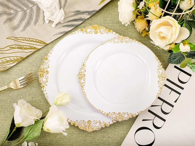 200PCS White and Gold Plates - Gold Plastic Plates - Fancy Disposable Plate - Gorgeous Dinner & Dessert Plate for 100 Guests for Wedding & Party