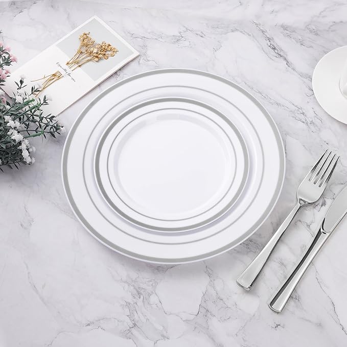 BESTVIP 100PCS Silver Plastic Plates, Disposable Party Plates with 50 Dinner Plate and 50 Dessert Plate for Party, Wedding and Birthday