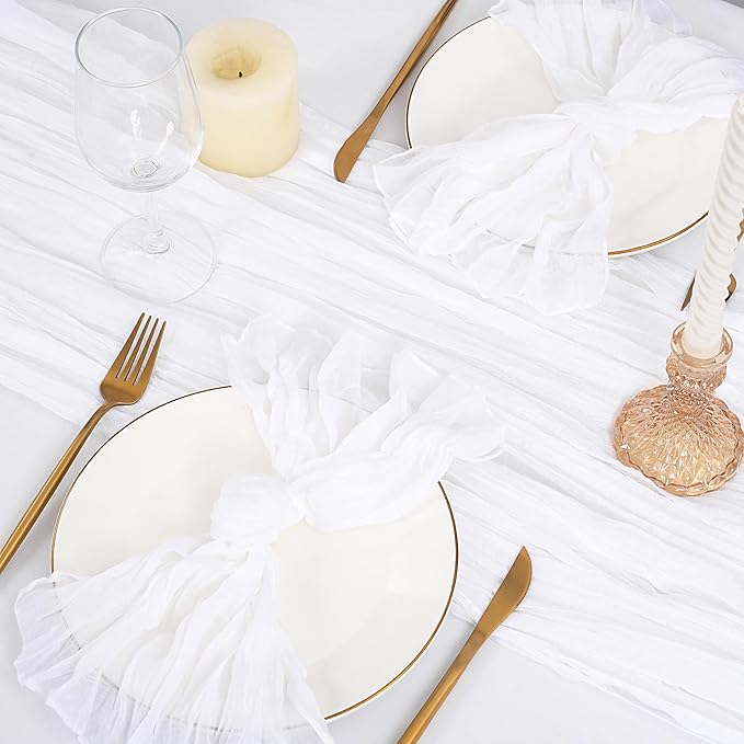 20 Pack White Table Runner 10Ft Cheesecloth Table Runner Boho Gauze Table Runners Romantic Long Sheer Fabric Cheese Cloth Table Runners for Wedding Party Bridal Shower(White)