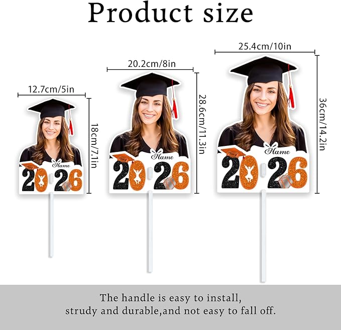 Personalized Graduation Face Fan 2026 Grade Custom Double Sided Face Cutout Fan with Handle Photo Booth Prop Party Supplies(B-Orange and Black,24pcs)