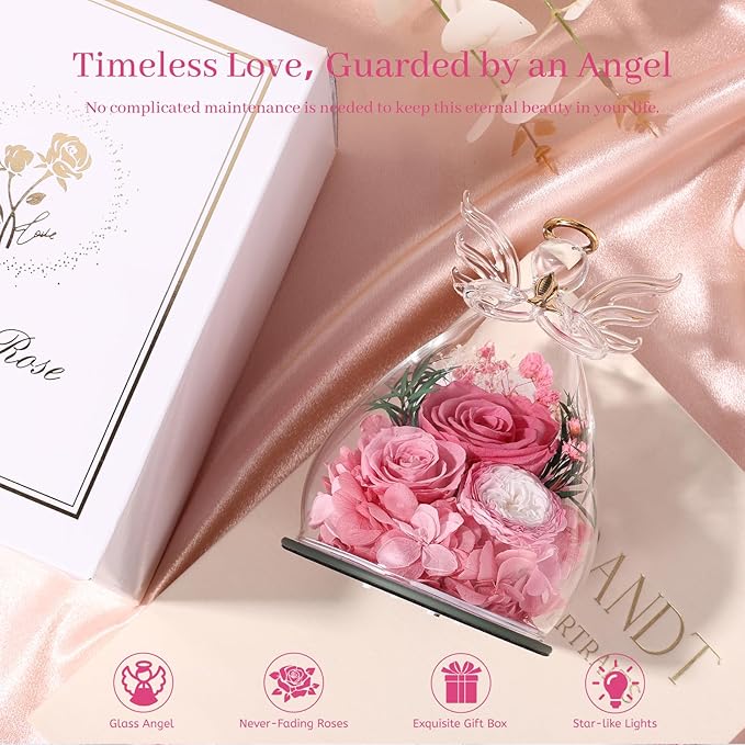 Birthday Gifts for Women Mom Preserved Roses in Glass Angel Figurines Flowers for Delivery Forever Flowers Eternal Rose Valentines Day for Grandma Sister Wife Her from Daughter