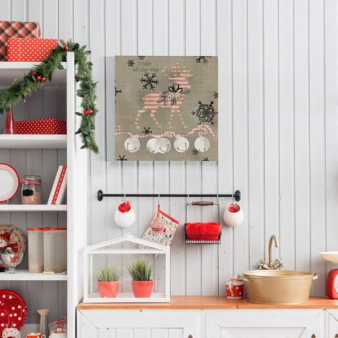 Renditions Gallery Jingle All the Way Reindeer Wall Art, Christmas & Winter Decor, White & Red Striped Fabric Look, Premium Gallery Wrapped Canvas, Ready to Hang, 16 in H x 16 in W, Made in America