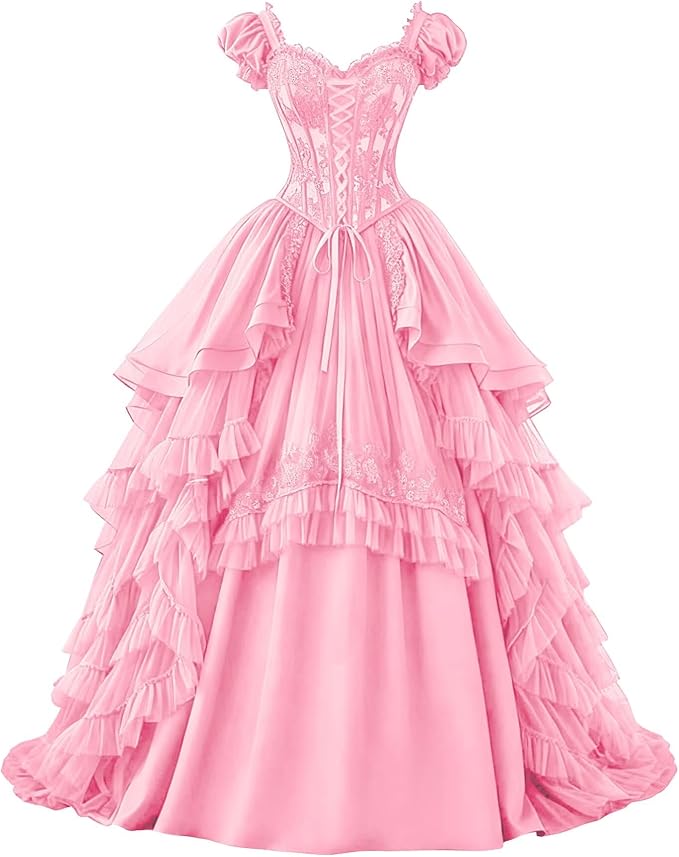 Ftupza Gothic Wedding Dresses Lace Appliques 1800s Victorian Dresses for Women Layered Tulle Prom Dress Long Ball Gown