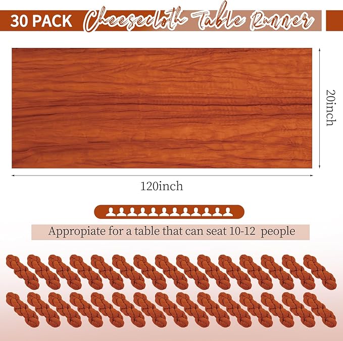 30 Pack Terracotta Table Runner 10Ft Cheesecloth Table Runner Boho Gauze Table Runners Romantic Long Sheer Fabric Cheese Cloth Table Runners for Wedding Party Bridal Shower