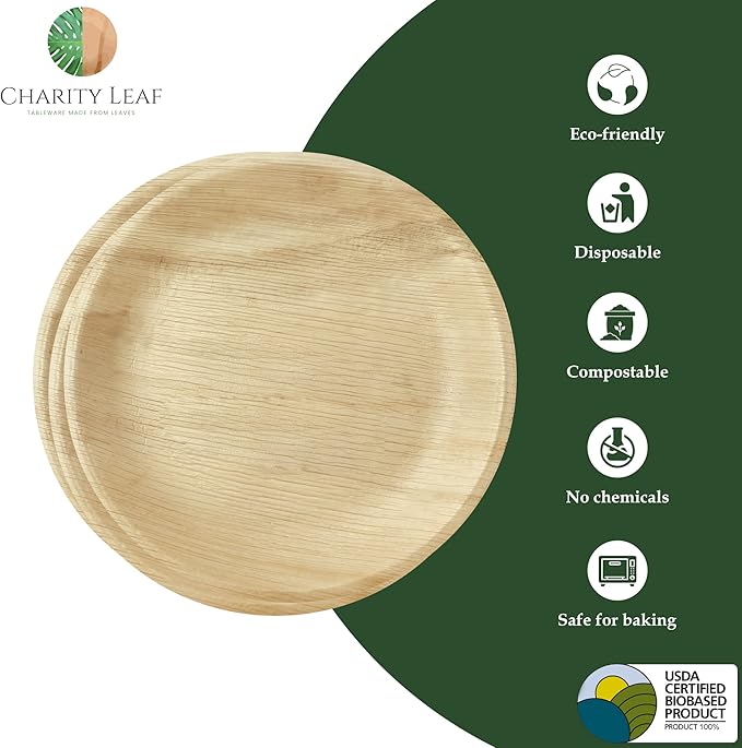 Charity Leaf Disposable Palm Leaf 9" Round Plates (50 pieces) Bamboo Like Serving Platters, Disposable Boards, Eco-Friendly Dinnerware For Weddings, Catering, Events