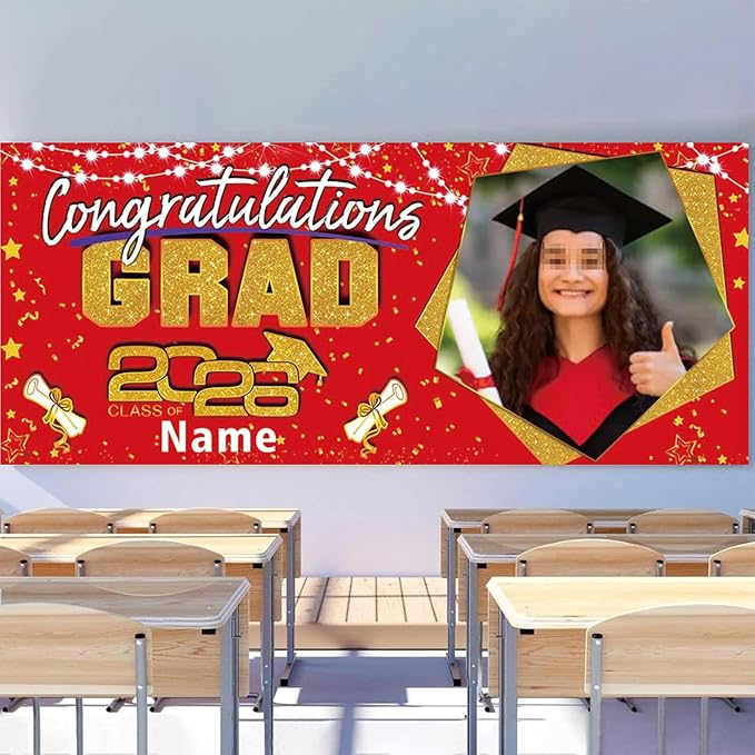 Custom Garaduation Garage Door Banner Cover 16 x 7 ft Class of 2026 Congrats Grad Party Backdrop Personalized Graduation Decoration(Red and Gold)