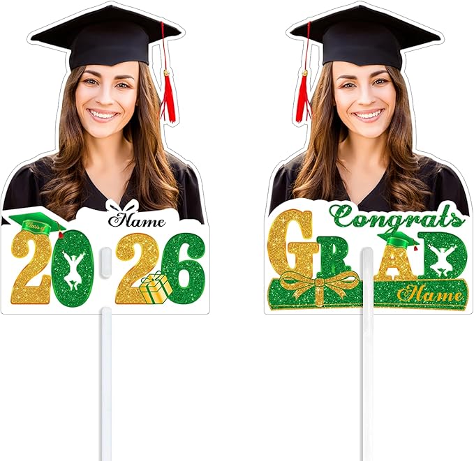 Personalized Graduation Face Fan 2026 Grade Custom Double Sided Face Cutout Fan with Handle Photo Booth Prop Party Supplies(B-Green and Gold,12pcs)