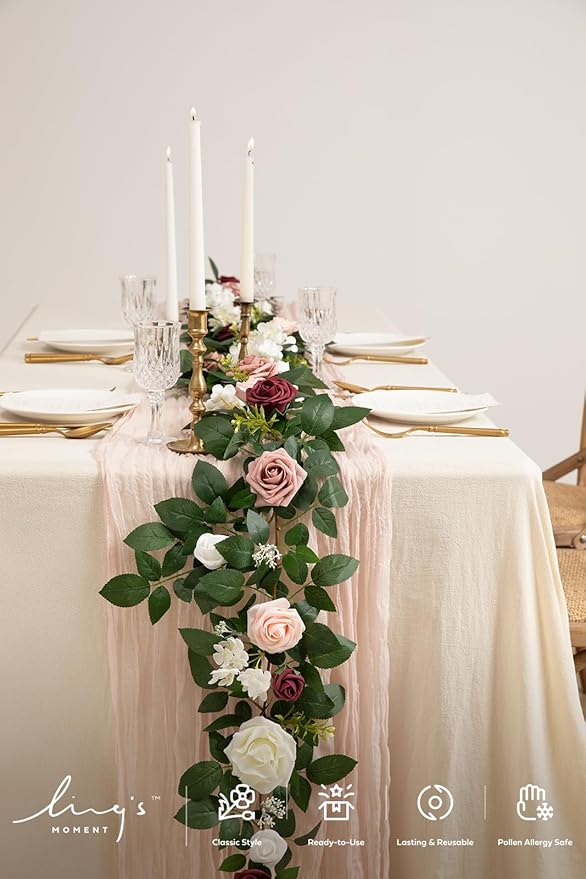 Ling's moment 5FT Dusty Rose Artificial Flower Garland Blush Rose Leaves Floral Garland Arch Flowers Vine for Wedding Party Backdrop Decor Mantel Home Table Centerpieces Wall Decorations Cream