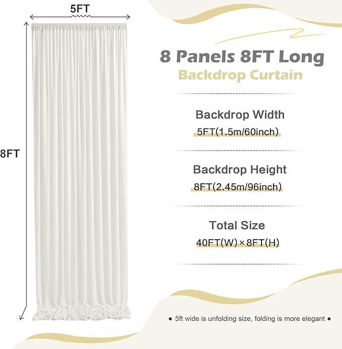 40ft x 8ft Wrinkle Free Ivory Backdrop Curtain for Parties, 8 Panels 5x8ft Silky Polyester Ivory Wedding Backdrop Drapes Photo Back Drop Cloth for Birthday Baby Shower Photography Background