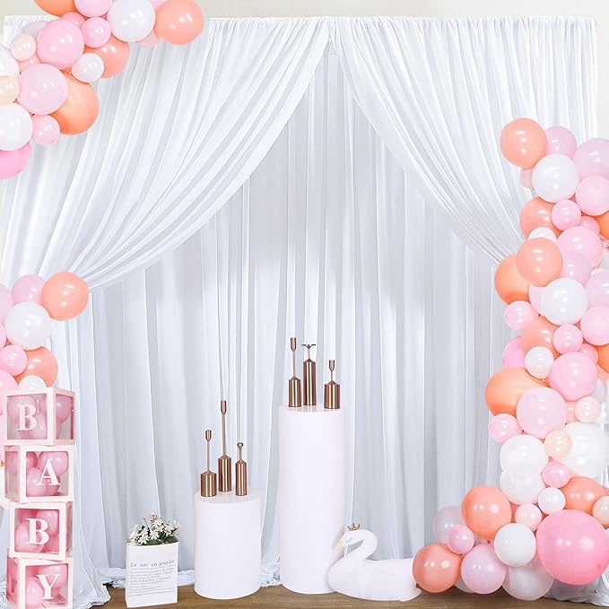 30 ft x 8 ft White Backdrop Curtain Drapes for Wedding Parties, 6 Panels 5 ft x 8 ft Wrinkle Free Polyester Photo Drapes for Birthday Party Baby Shower Backdrop Stand