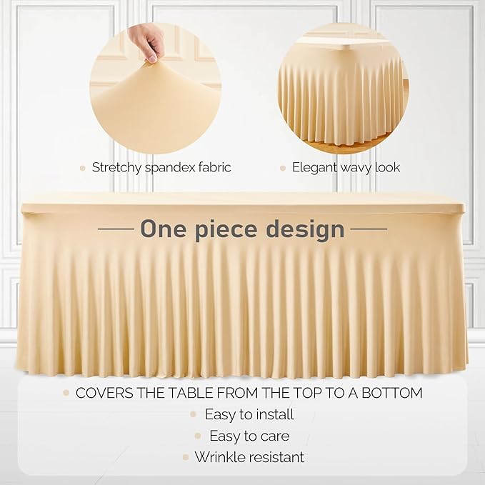 2 Packs Dark Champagne Table Clothes for 4 Foot Rectangle Tables, One-Piece Wrinkle Resistant Stretch Spandex Table Covers with Skirt for Event Banquet Wedding Birthday Party