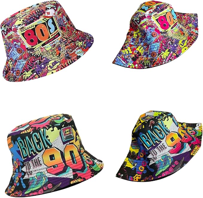 12 Pack Retro 80's 90's Party Bucket Hats With Neon Party Sunglasses, Funny 1980's 1990's Theme Party Hats Set, Retro Photo Booth Props Kit for Hip Hop Parties, Birthday, Wedding, Graduation, Outdoor