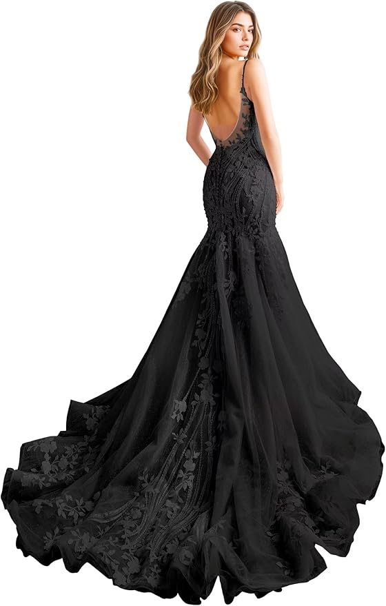 Zeeyecie Mermaid Tulle Wedding Dresses Lace Applique Corset V-Neck Sparkly Bridal Gowns with Train for Brides
