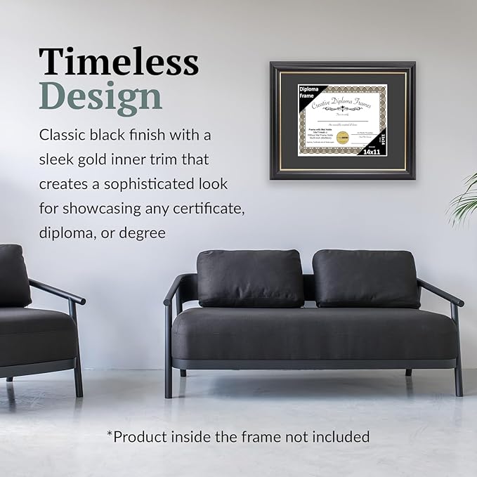 Creative Picture Frames 14" x 11" Rockefeller Black with Gold Rim Diploma Frame, Displays 14" x 11" Certificate or 16" x 20" Document without Mat, College Degree Frame, Full-Strength Glass, Black Mat