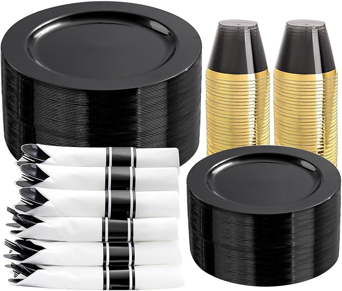 EI 350pcs Black Plastic Plates Disposable Heavy Duty Plastic Dinnerware Set Pre Silverware and Napkins Set Black and Gold Cups for Party Suit for Party,Wedding,Afternoon Tea,Spring,Valentine's Day