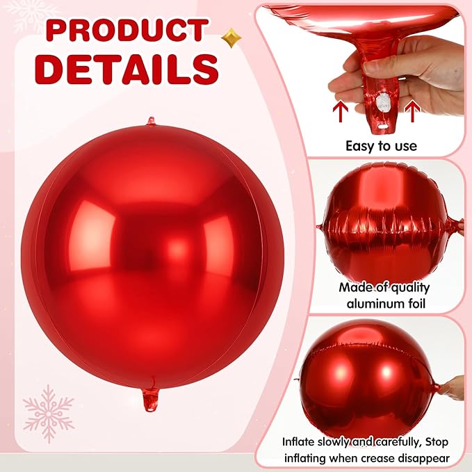Jenaai 30 Set Valentine's Day Round Foil Balloons Bulk 22 Inch 4d Metallic Giant Balloons Set with Satin Bows Ribbon for Ceiling Holiday New Year Birthday Wedding Party Decoration(Red)
