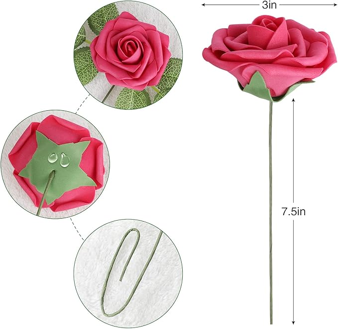 AmyHomie Artificial Flower Seriesa Red Rose 100pcs Real Looking Fake Roses w/Stem for DIY Wedding Bouquets Centerpieces Arrangements Party Baby Shower Valentines Day Christmas Tree Decorations