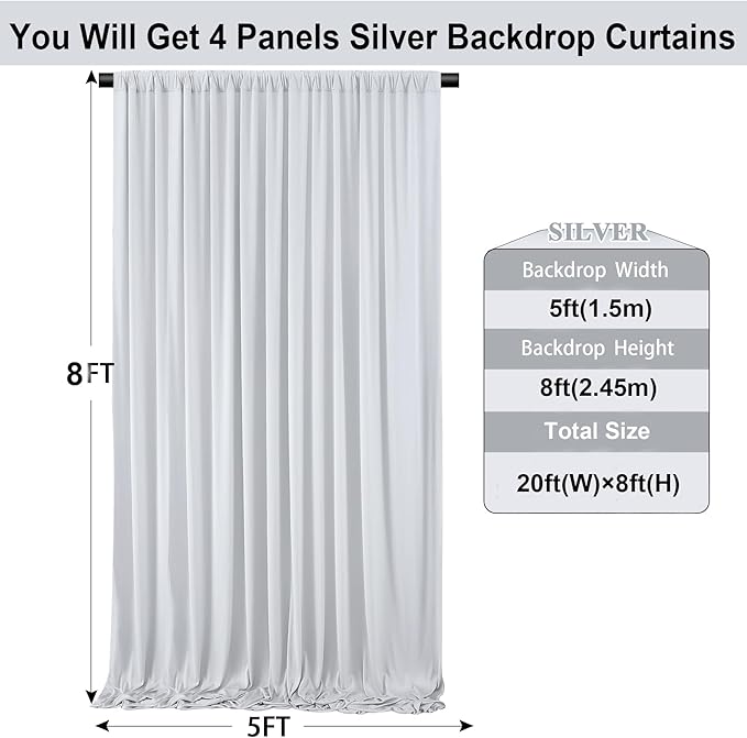20ft×8ft Wrinkle Free Silver Grey Backdrop Curtains for Parties Wedding, 4 Panels 5×8ft Thick&Silky Polyester Silver Photo Backdrop Drapes Curtain for Birthday Baby Shower Photography Baptism
