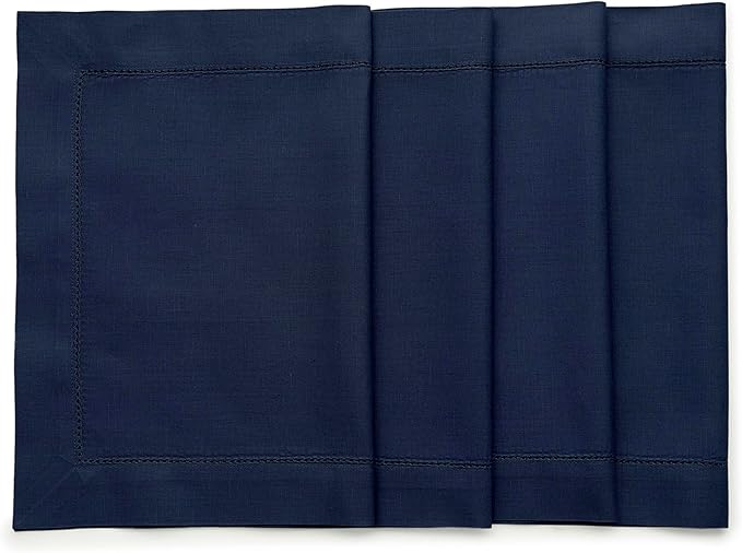 Solino Home Navy Blue Placemats Set of 4 - Cotton Linen Hemstitch Placemats 14 x 19 Inch for Winter, Spring, Easter