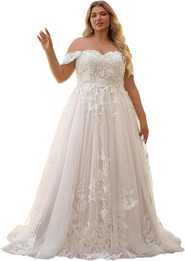 Plus Size Wedding Dresses for Bride Long Sleeve Wedding Bridal Gowns with Lace Appliques Off Shoulder Bride Dress