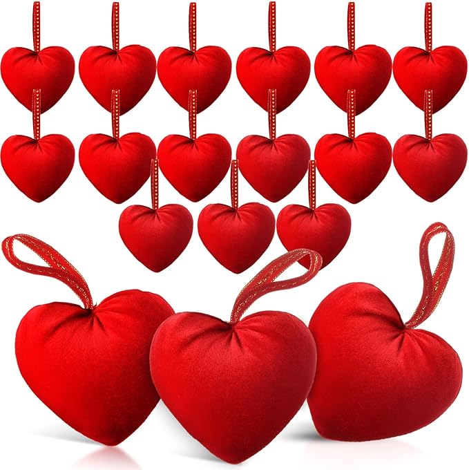 18 Pcs Valentine's Day Hanging Heart Ornaments Handmade Heart Shaped Velvet Gifts 4.3 Inches Hanging Valentine Tree Ornaments for Wedding Anniversary Party Decorations(Red)