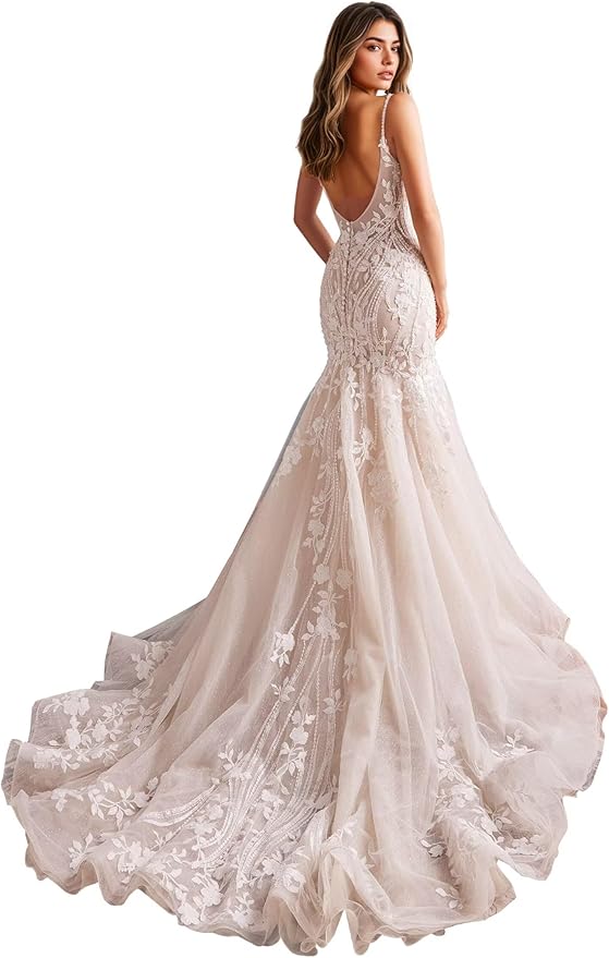 Zeeyecie Mermaid Tulle Wedding Dresses Lace Applique Corset V-Neck Sparkly Bridal Gowns with Train for Brides