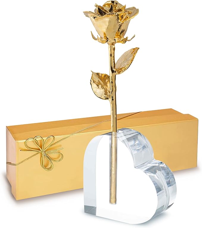 Forever Rose 24K Gold Dipped Real Rose, Handmade, Long-Lasting Preserved Flower in Acrylic Heart (One Rose) & Gold Box, Romantic Gift for Anniversary, Mother's Day, Birthday, Wedding, Wife, Girlfriend