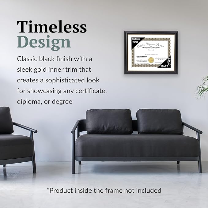 Creative Picture Frames 10" x 12" Rockefeller Black with Gold Rim Diploma Frame, Displays 10" x 12" Certificate or 11" x 14" Document without Mat, College Degree Frame, Full-Strength Glass, White Mat