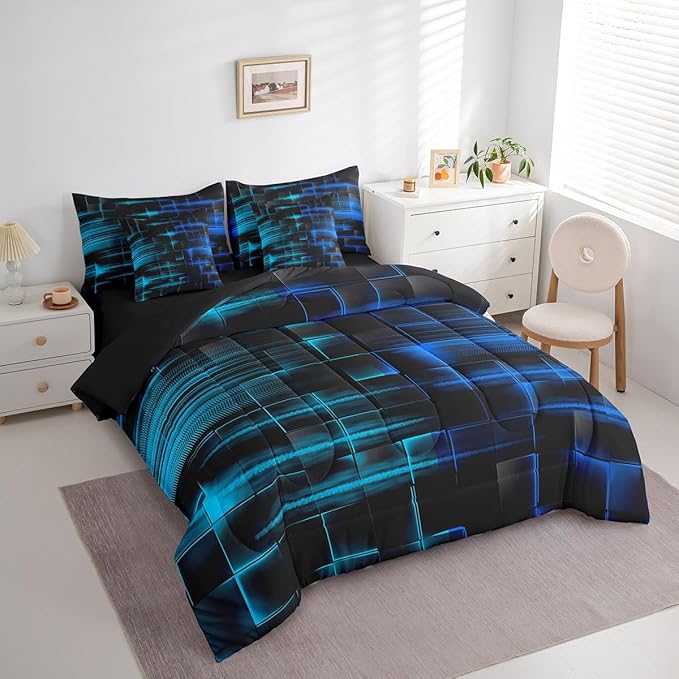 Feelyou Blue and TealBlue Comforter Set with Sheets 7 Piece Queen Size Kids Geometric Bed in a Bag Strip Lines Bedding Set Abstract Art Bed Set with Comforter, Sheets,Cushion Covers