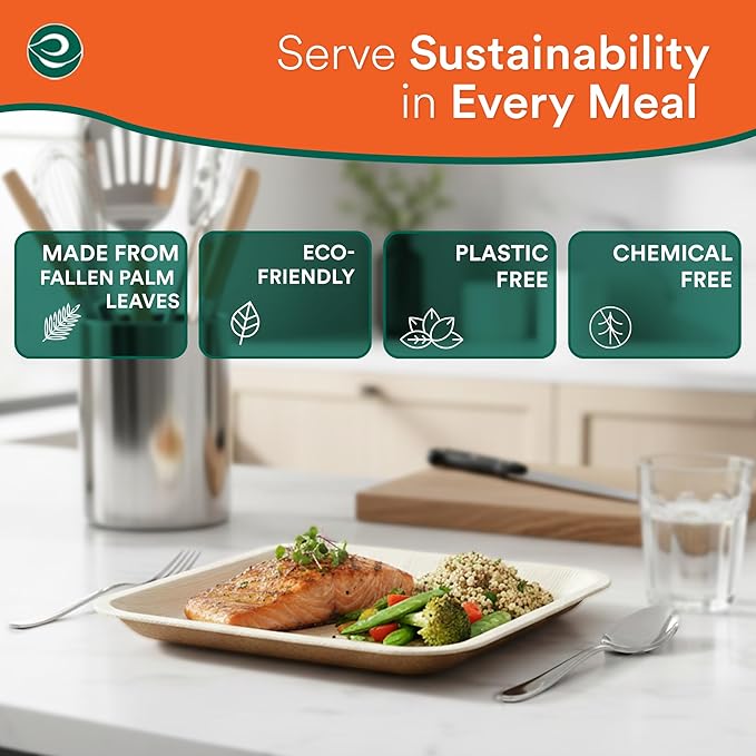 ECO SOUL 10 Inch Palm Leaf Disposable Bamboo Plates Food Safe [50 Count] Wooden Square Compostable & Biodegradable Heavy Duty Party Plates for Dinner, Weddings, Parties & Events