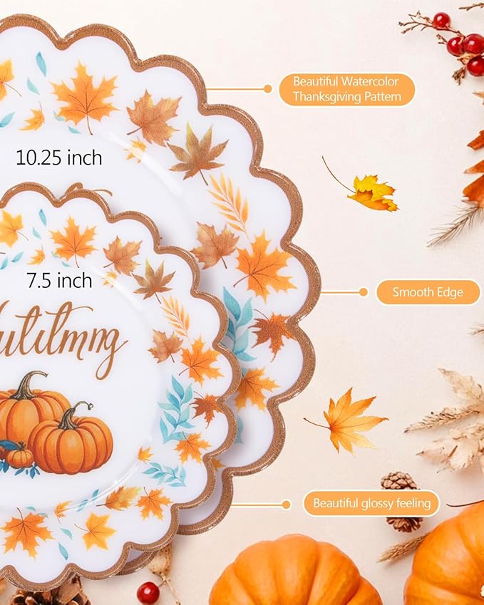 Supernal 60pcs Thanksgiving Plastic Plates Heavy Duty,Fancy Scalloped Plates with Fall Pumpkin and Autumn Maple Leaves, Include 30 Dessert Plate&Dinner Plastic Plate for Thanksgiving Party