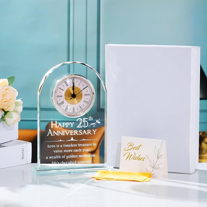 YWHL 25th Wedding Anniversary Clock Gifts for Couple, 25 Year Anniversary Keepsake Gifts for Husband/Wife, Glass Clock Decoration for 25 Years for Marriage (Battery not Included)