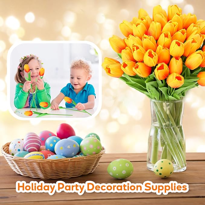 Jexine 100 Pcs Artificial Real Touch Tulips Fake Artificial Tulip Flower Bulk Bouquet with Stem for Table Centerpieces Wedding Bridal Easter Mother's Day Garden Home Decor, 13.4''(Sunset Red)