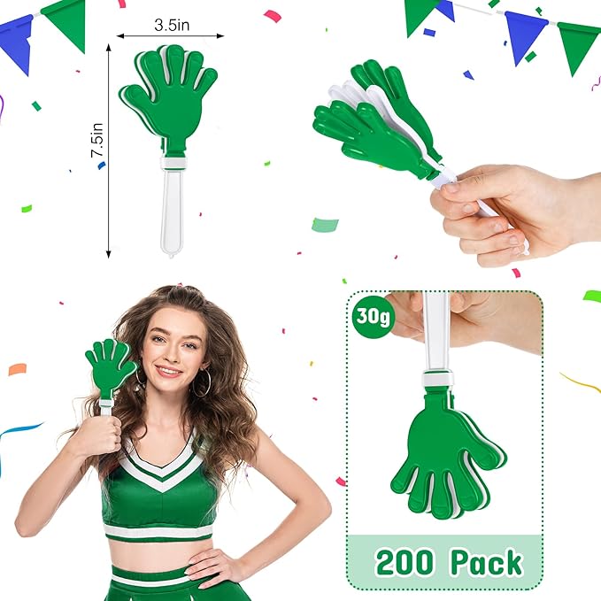 Junkin 200 Pcs Hand Clappers Bulk 7. 5 x 3. 5 Inches Noise Makers Party Favors Clapping Noise Maker Clacker for Birthdays Game Prizes Rewards Football Sporting Events Cheers Supplies (Green White)