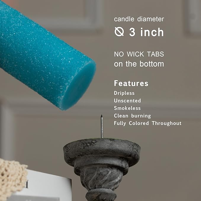 MOZEAL Hand-Poured Granular Texture Decorative Turquoise Pillar Candles Set of 3 (3"x4", 5", 6"), Dripless, Unscented, Smokeless, for Coastal Style, Summer Patio & Boho Beach House Décor