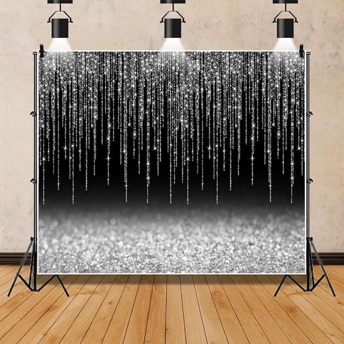 Black Silver Glitter Backdrop 10x8ft Graduation Birthday New Year Housewarming Retirement Party Background for Photography Theme Party Banner Studio Photo Booth Props