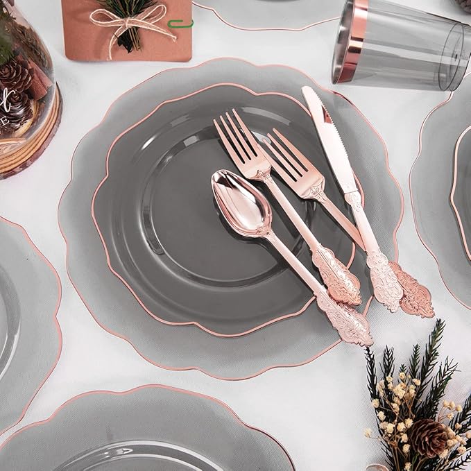 BUCLA 30Guests Clear Black Plastic Plates With Rose Gold Silverware & Cups - Rose Gold Rim Plastic Dinnerware Ideal for Party & Valentines