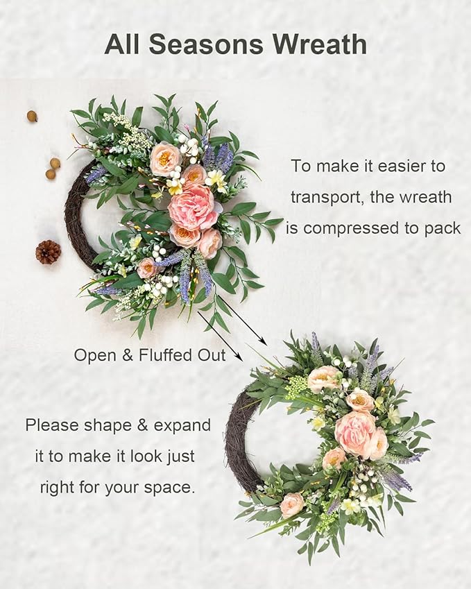 24 Inch Spring Wreath for Front Door, Grapevine Half Greenery Wreaths with Pink Peony Lavender Flowers & Eucalyptus Olive Leaves for Farmhouse Decor Porch Wall Indoor Outdoor Decoration