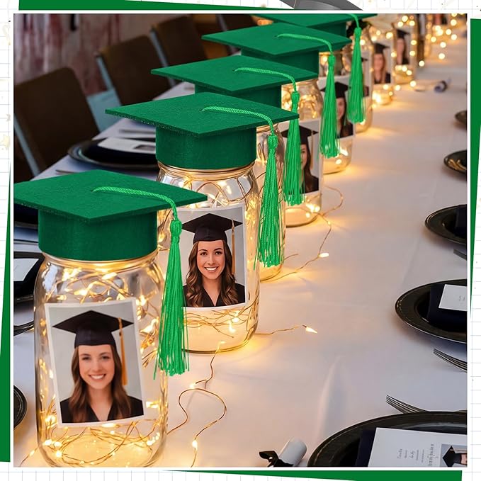 Boao 16 Sets Graduation Table Decoration Set with LED Light up Graduation Decorations for Class of 2026, Grad Jar, Felt Grad Hat and Stickers for High School College(Green)