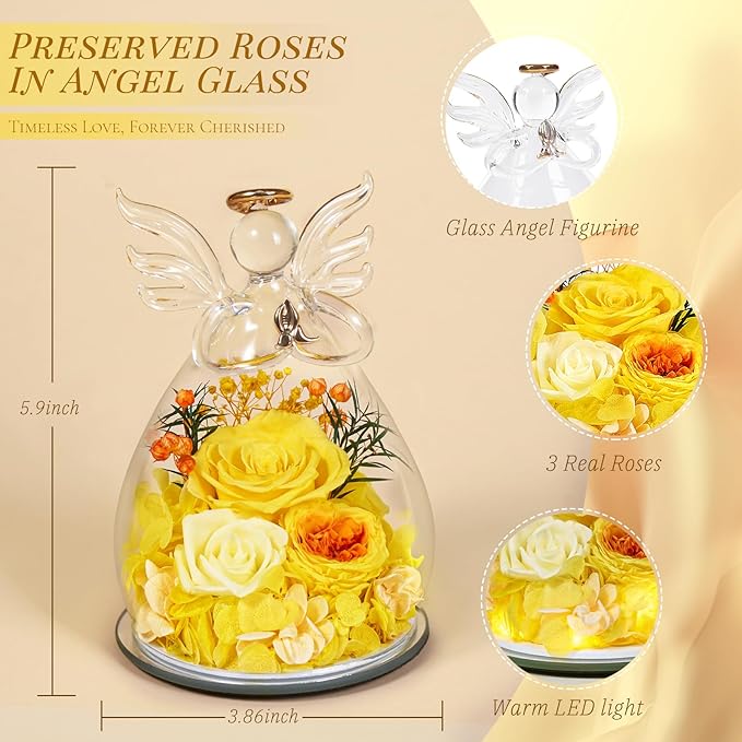 Birthday Gifts for Women Mom Preserved Rose in Glass Angel Figurines Fresh Flower for Delivery Forever Flowers Eternal Rose Valentines Day for Grandma Sister Wife Her from Daughter