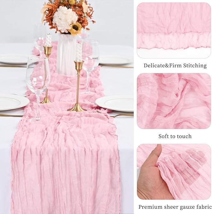 20 Pack Pink Table Runner 10Ft Cheesecloth Table Runner Boho Gauze Table Runners Romantic Long Sheer Fabric Cheese Cloth Table Runners for Wedding Party Bridal Shower