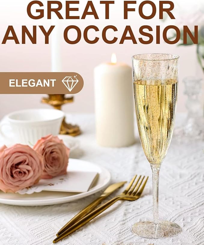 Plastic Champagne Flutes, 36 PCS Gold Glitter Disposable Wine Glasses Reusable Plastic Cocktail Cups for Home Daily Life Party Birthday Wedding Toasting Drinking Champagne(6 oz)