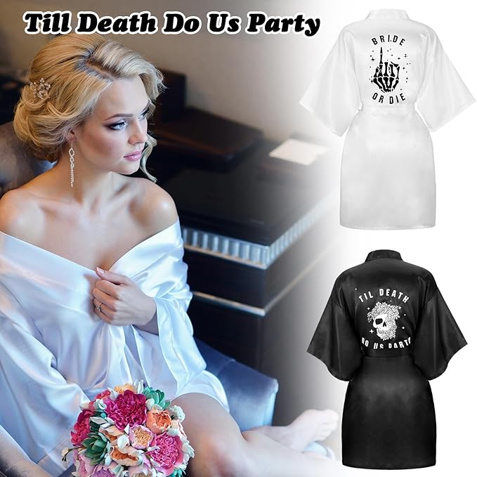 Domensi 24 Pcs Bride or Die Bachelorette Party Decorations Bridesmaid Robes Gift Sets Till Death Do Us Party Decorations Skull Black and White Bridal Robe for Bridal Shower Gothic Wedding Party Dress