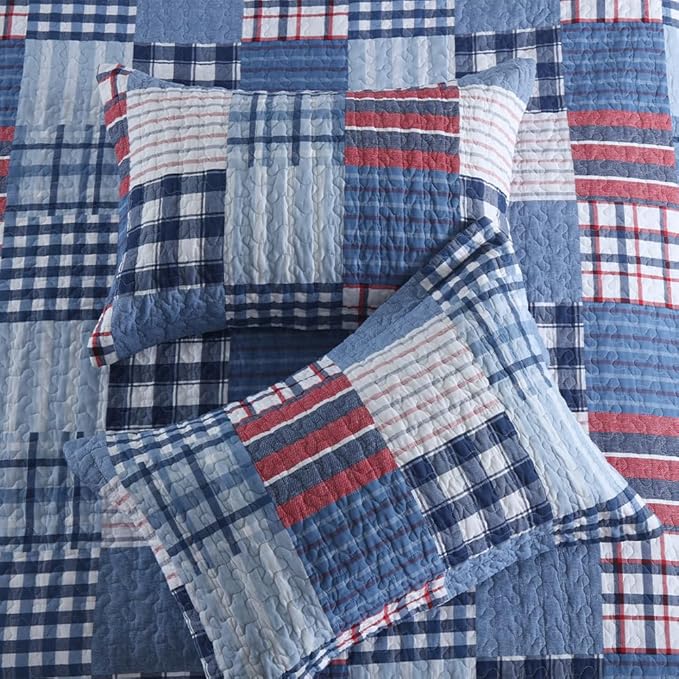 Cotton Bedding Quilt Sets Reversible Real Patchwork Coverlet Sets All Season Blue Bedspread, Plaid Patchwork Pattern,Queen Size