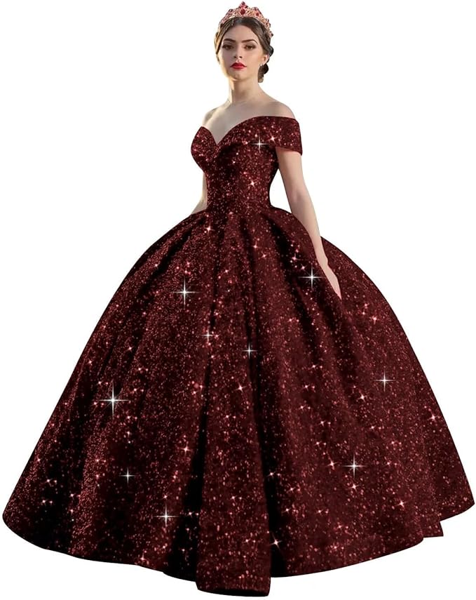 Quinceanera Dress Long Ball Gown Sparkly Sequin Off Shoulder V Neck Prom Dresses