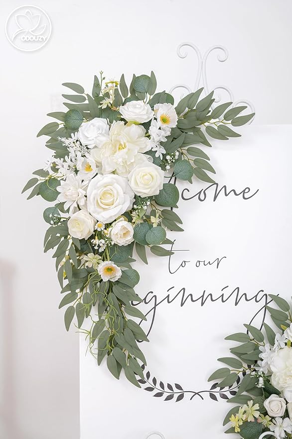 Pack of 2 Wedding Arch Decorations Artificial Hanging Flowers Floral Swag for Wedding Welcome Sign Backdrop Balloon Arch Home Party Bridal Ceremony Reusable(New White)