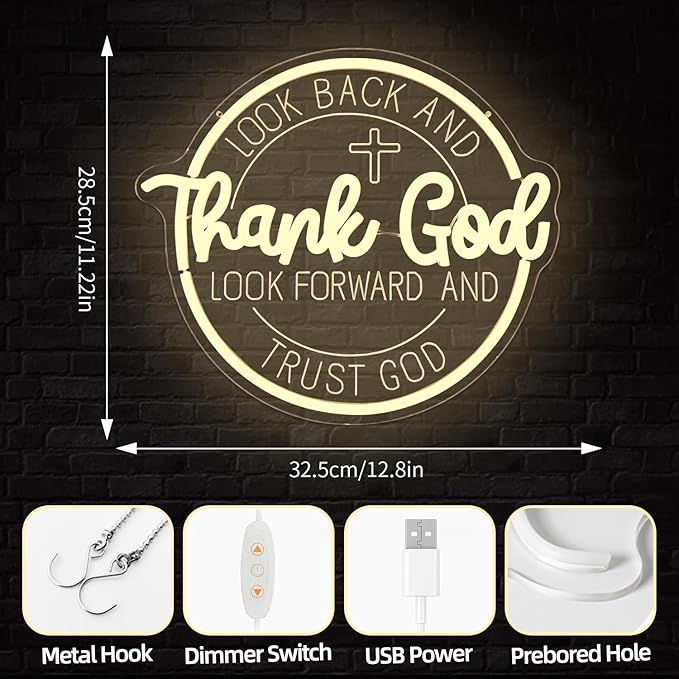 Thank God Neon Signs for Wall Decor Dimmable Christian Neon Sign Jesus cross Led Sign Faith Neon Lights Inspirational Gift for Prayer Room Church Office Decor