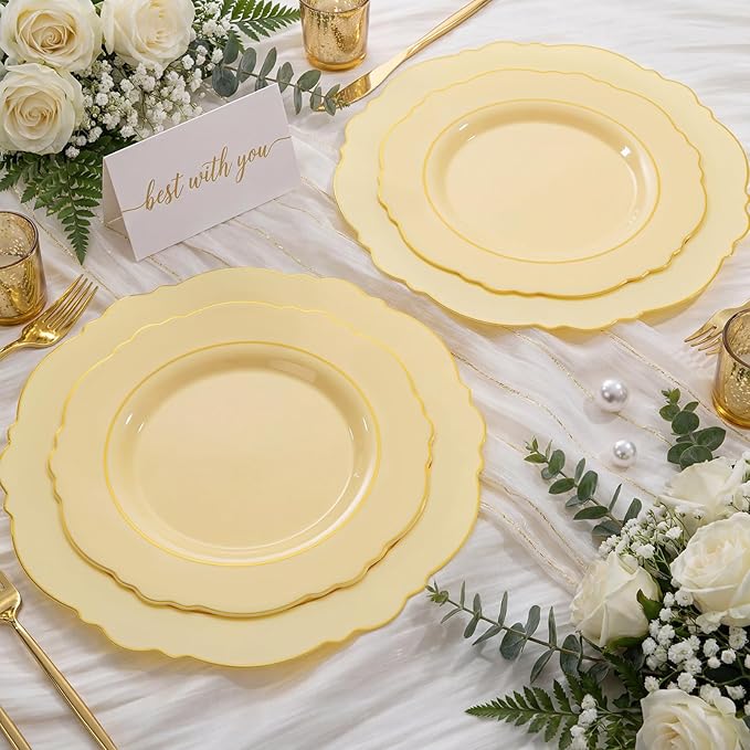 Liacere 350PCS Yellow Plastic Plates - Yellow Disposable Plates With Gold Rim-50Guest Baroque Plastic Dinnerware include 100 Plates,50 Pack Pre Rolled Napkins with Silverware 50Cups for Wedding＆Easte